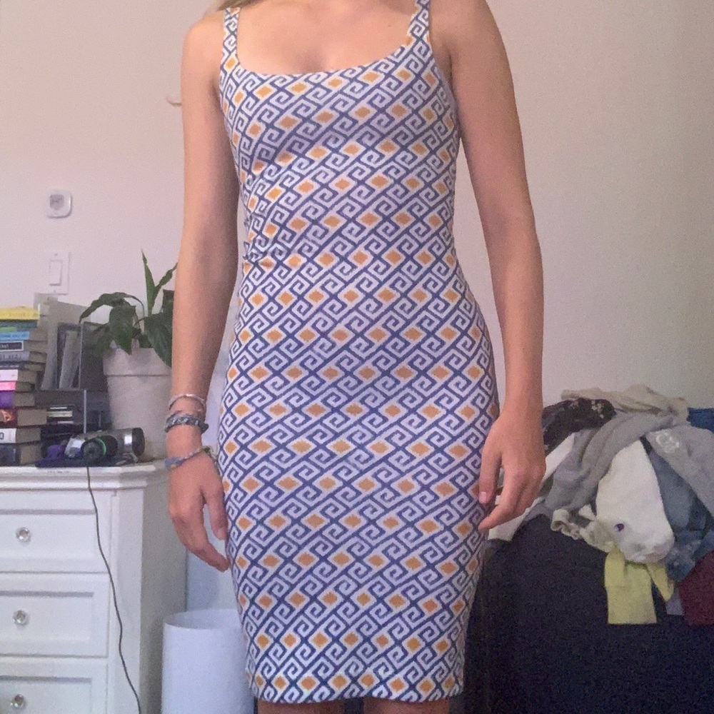 blue and orange patterned dress